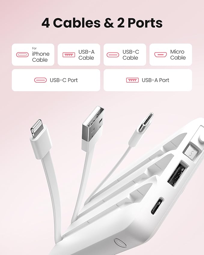 Portable Power Bank, 10000mAh Slim Portable Charger with Built-in Cables, External Battery Pack 5 Outputs 2 Inputs LED Display Compatible with iPhone/Android & More (White)