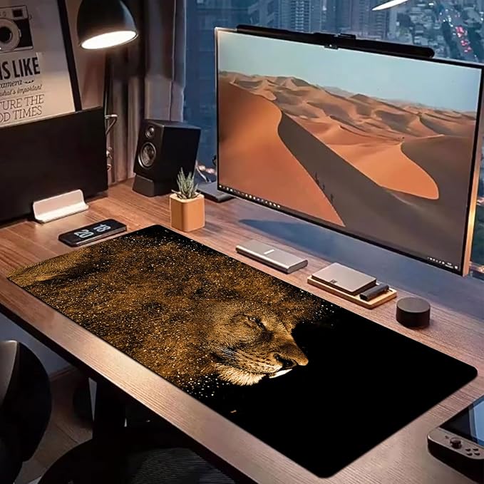 Large Gaming Mouse Pad 31.5"x15.7"｜ Golden Lion-Themed XXL Keyboard Pad, Mouse Mat, Desk Pad, Non-Slip Rubber Base & Stitched Edges Desk Mat- Big Extended Mousepad for PC/Laptop/Office/Home Decor