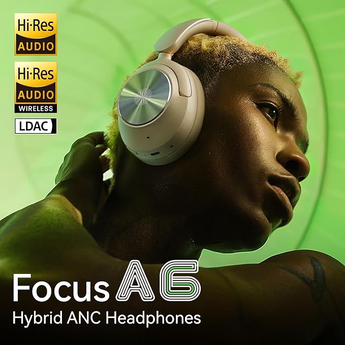 OneOdio Focus A6 Hybrid Active Noise Cancelling Headphones, 75H Playtime, LDAC Hi-Res Lossless Audio, Bluetooth 6.0, Dual Mic ENC Call, Wired ANC via USB-C, Wireless Over Ear (Black)