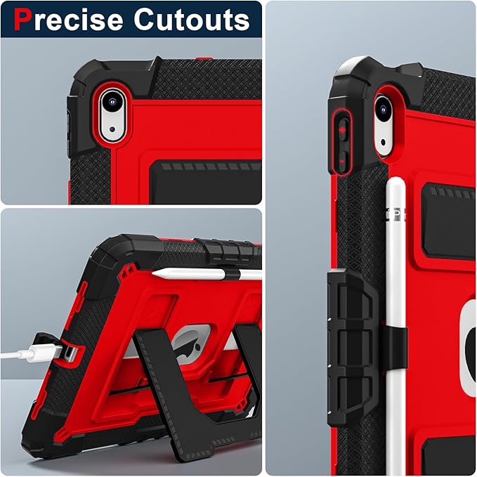 Kids Friendly Case for iPad A16 11th Generation 11 Inch 2025 / iPad 10th Generation 10.9" 2022 Case with Pencil Holder & Shoulder Strap, Hybrid iPad 11 10 Cover Rugged Shockproof Kickstand,Black+Red