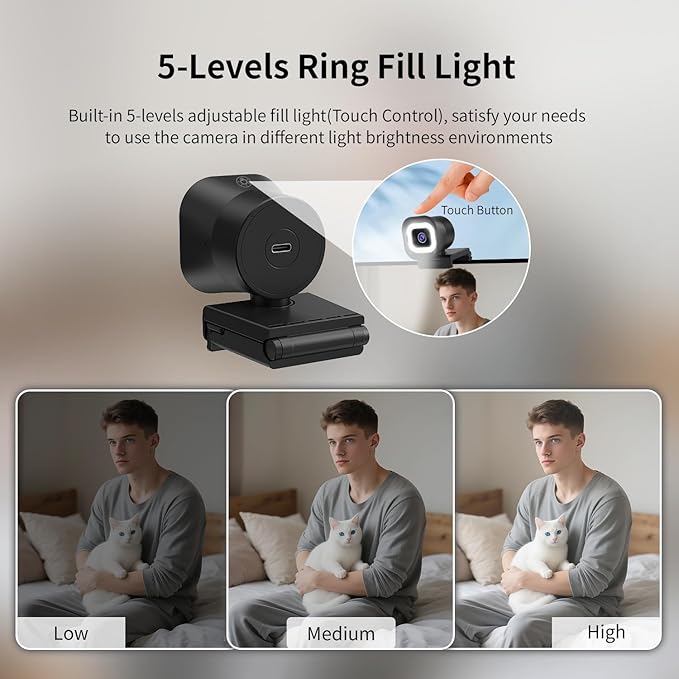 TOALLIN 4K Webcam with Ring Light, Remote Control, PDAF Autofocus, 1/2.5" Sensor & 12MP, Built-in Dual Mics, 5X Digital Zoom and Image Mirroring, Web Camera for Live-Streaming/Meetings/Video Calls