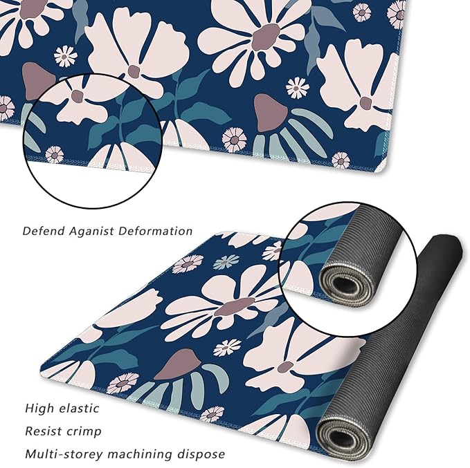 ARTSO Large Mouse Pad, Cute Blue Desk Mat for Desktop,Desk Pad Waterproof Gaming Mousepad for Women Girls, Art Leaf Flower Computer Protector Writing Pad for Office Home