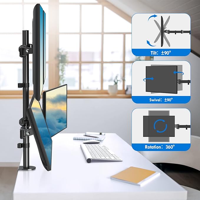 MOUNTUP Quad Monitor Stand, 4 Monitors Desk Mount for 17 to 32 inch Computer Screens, Fully Adjustable Stacked Mount with Tilt Swivel, 4 Heavy Duty Monitor Mount, Holds up to 17.6lbs per Arm, MU3007