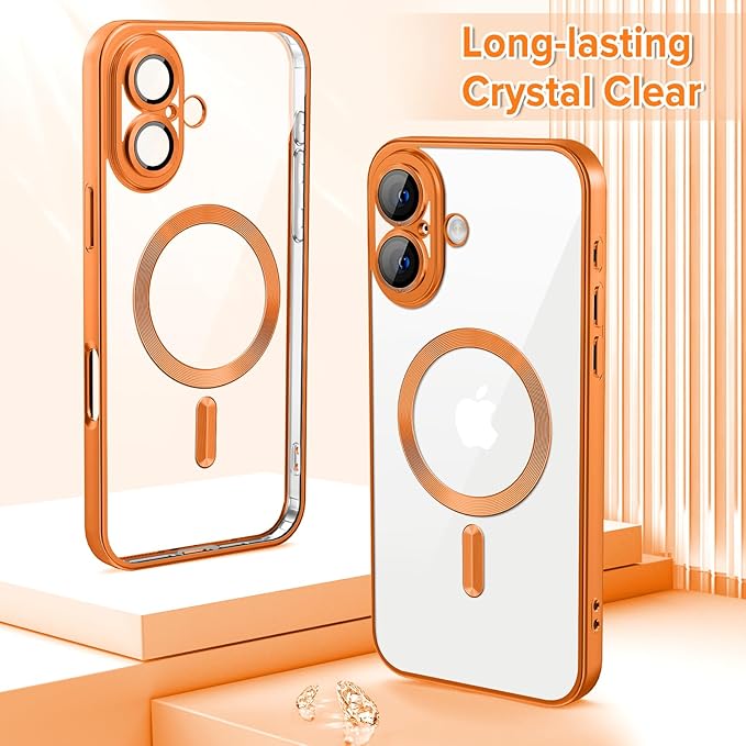 Hython Magnetic Clear for iPhone 16 Plus Case with Camera Lens Protector [Compatible with MagSafe] Luxury Plating Edge Slim Soft TPU Cover Protective Phone Case for iPhone 16 Plus 6.7", Matte Orange