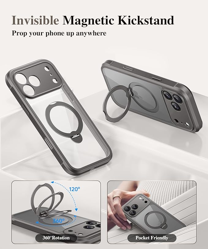 BERFY for iPhone 17 Pro Case, Compatible with MagSafe, Built in Privacy Screen Protector, Shockproof Full Body Phone Case for 17 Pro with Magnetic Stand, Clear Grey