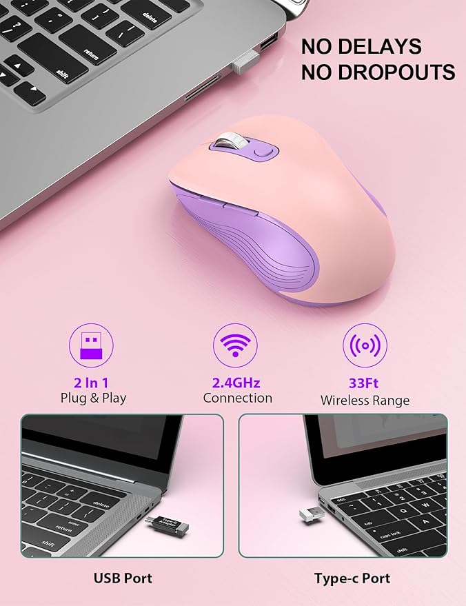 Trueque Wireless Mouse for Laptop, 2.4GHz Ergonomic Computer Mouse with Back & Forward Buttons, 3 Adjustable DPI Levels, 6 Buttons, Optical USB Cordless Mice for Windows PC, M01 (Pink Purple)