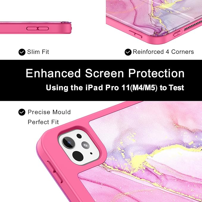 Soke Case for New iPad Pro 11 Inch (M5/M4) 5th Generation 2024-2025 with Pencil Holder - [Shockproof + Apple Pencil Charging + Auto Wake/Sleep], Soft TPU Back Cover for iPad Pro 11", Hot Pink Marble