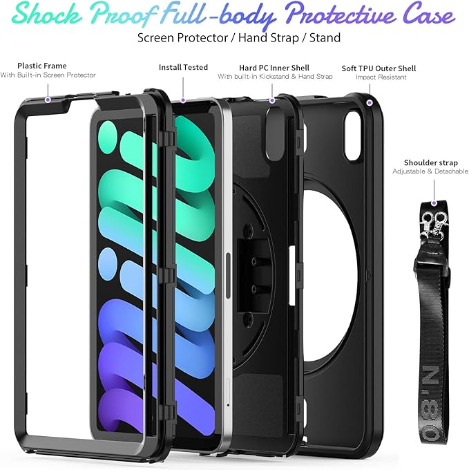 Timecity Case for iPad mini 7 (A17 Pro) 2024/ Mini 6 8.3'' - Heavy Duty Protective Cover with Screen Protector, Rotating Stand, Shoulder Strap & Pencil Holder, Case for iPad mini 7th/6th Gen Black