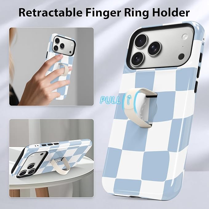 KANGHAR Compatible with iPhone 17 Pro Max Case, Support for MagSafe, Silicone Checkered Cute Pattern, Wristband Kickstand Camera Protection Soft Slim Phone Case for Girls Women -Light Blue