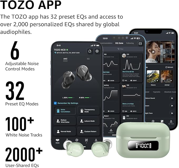 TOZO NC9 Hybrid Active Noise Cancelling Wireless Earbuds, 6 Mics ENC Clear Call, IPX8 Waterproof, in Ear Bluetooth 5.3 Headphones Stereo Bass Ear Buds 60H Playtime with LED Display 32 EQs via APP