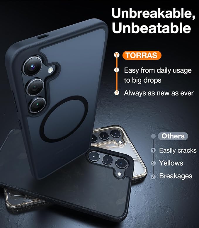 TORRAS Magnetic Shockproof Case for Samsung Galaxy S25 Plus, [12FT Military Grade Protection] [Fit for MagSafe], Translucent Slim Case for Samsung S25+Plus Case Anti-Fingerprint Anti-Scratch, Black