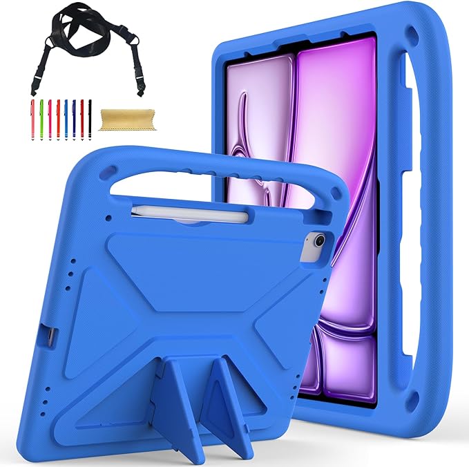 for iPad Air 11" M4 M3 M2 2026 2025 2024 Case for Kids, iPad Pro 11 Inch M5 M4 Case 2025 2024, Soft EVA Handle with Shoulder Strap Stand Cute Kids Friendly Bumper Cover, Blue