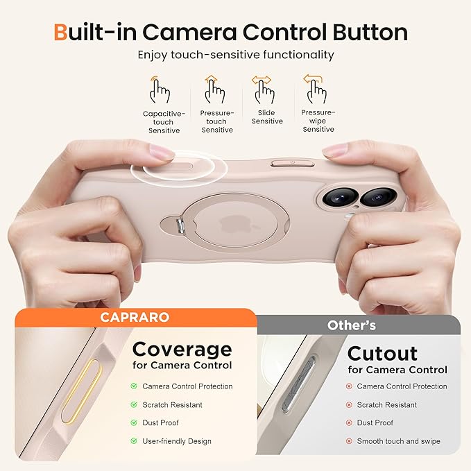 CAPRARO for iPhone 16 Case with 360° Spin Magnetic Stand for Women, [Compatible with MagSafe] [Full Camera Protection] Cute Wave Translucent Matte Case for iPhone 16, Pink Gold