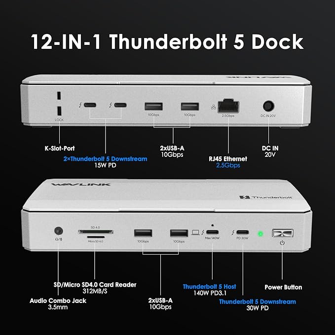 WAVLINK Intel Certified Thunderbolt 5 Docking Station: TB5 Dock with 120Gbps Max Transfer, Thunderbolt 5 hub with 140W Max Charging, 4X USB-A 3.2 Gen 2, Cooling System, 8K Display for TBT 5/4 Laptops