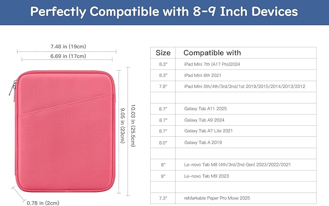 Dadanism 8-9 Inch Tablet Sleeve Bag Carrying Case for iPad mini 7th/6th 8.3", iPad mini 7.9", Galaxy Tab A7 Lite/A9 8.7", ‎Remarkable Paper Pro Move 7.3" 2025, Tab M8 8", Tab M9 9", Watermelon Pink