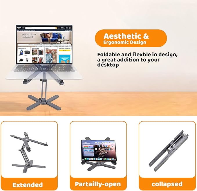 Moallia Laptop Stand with 360 Rotating Base, Computer Notebook Laptop Riser Metal Holder for Desk Collaborative Work, Fully Foldable for Easy Storage, Fits All MacBook, Laptops up to 16 inches, Grey