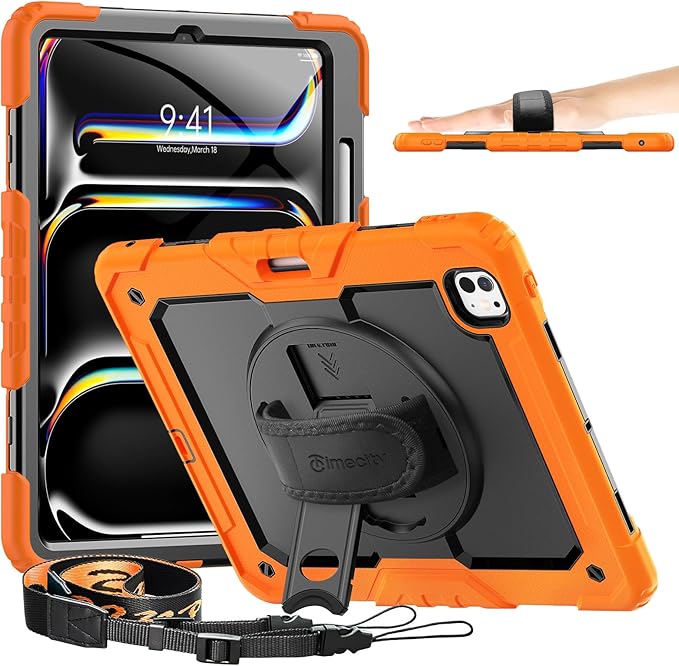 timecity Case for iPad Pro 13 Inch M5 2025 / M4 2024, 360° Rotating Stand, Pencil Holder & Wireless Charging, Shockproof with Screen Protector & Shoulder Strap - for Designers & Professionals, Orange