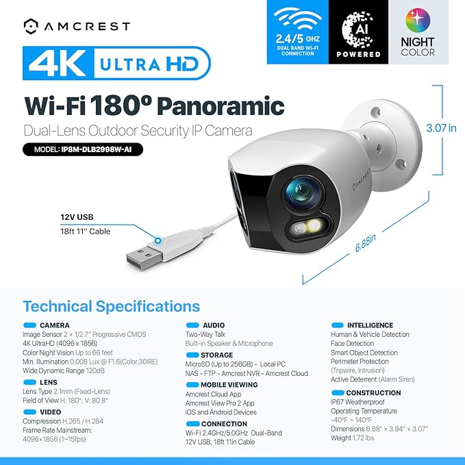 Amcrest Dual-Lens 4K (8MP) Outdoor Security WiFi Camera, 2 x 4MP Lenses WiFi AI Bullet IP Camera, Dual-Band 2.4Ghz & 5Ghz, Face Detection, Panoramic 180° FOV, 4K@15fps