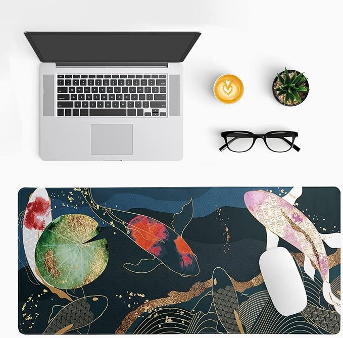 Japanese Gaming Mouse Pad XL - Extended Large Mouse Mat Desk Pad, Stitched Edges Mousepad, 3mm Thick Long Non-Slip Rubber Base Mice Pad, 31.5 X 11.8 Inch - Koi Fish Art