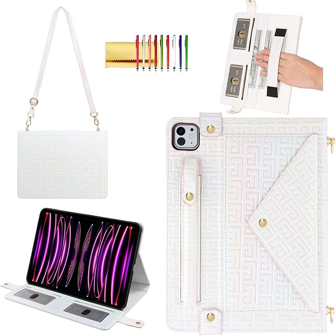 Shiny Case for iPad Pro 11" 2018-2022 / Air 10.9" 11" Handbag with Hand Strap, Techcircle Crossbody Iridescent Folio Stand Wallet Case with Pencil Holder+Card Slots+Shoulder Strap, Shiny White