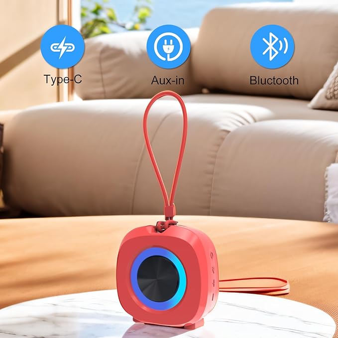 PEICHENG Speaker, Small Portable Bluetooth Wireless IPX5 Waterproof Shower Speaker,Loud Stereo Sound Deep Bass,Dual Pairing, RGB Lights,Long Playtime for Outdoor Party, Great Gift,1PC (Red)