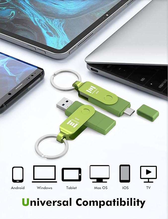MOSDART 64GB USB C 3.2 Fast Speed C and A Dual Flash Drive, exFAT Memory Stick with Keychain and LED Indicator, for iPhone 15,16,17, Android Phone, iPad, MacBook, and Other Laptops, Green