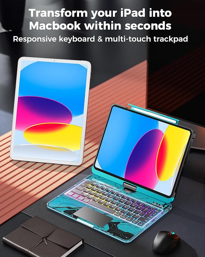 TSQQST Clear Wireless Keyboard Case for iPad (A16) 11th Generation 11-inch 2025/ iPad 10th Generation 10.9-inch 2022 with Pencil Holder & Multi-Touch Trackpad, 7-Color Backlit, 360 Rotatable, Blue