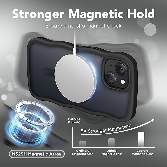 CAPRARO Cute for iPhone 13 Case & iPhone 14 Case, Compatible with MagSafe, [Curly Wave Edge] [Camera Protection] [14 FT Drop Protection] Magnetic for iPhone 13/14 6.1 Inch, Black