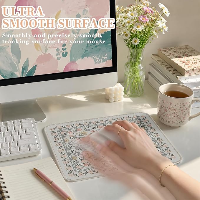 iCasso Aesthetic Small Floral Mouse Pad, Mini Portable Travel Mousepad, Anti-Slip and Comfortable Cloth Mouse Mat 7.9"x9.5" with Stitched Edges for Computer, Laptop, Office, Home(Gray Floral)
