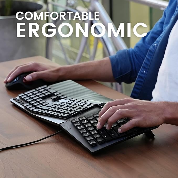 Perixx PERIBOARD-535BL Wired Ergonomic Mechanical Full-Size Keyboard - Low-Profile Blue Clicky Switches Programmable Feature with Macro Keys Compatible Windows and Mac OS X US English, Black