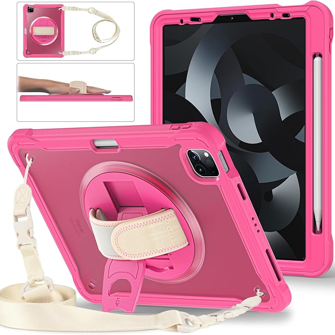 Batianda Case for iPad Pro 11-inch 2022 4th M2 Chip /2021 (3rd Generation) Heavy Duty Rugged Shockproof Tablet Cover with 360° Rotating Hand Strap Foldable Hidden Stand & Shoulder Strap, Pink