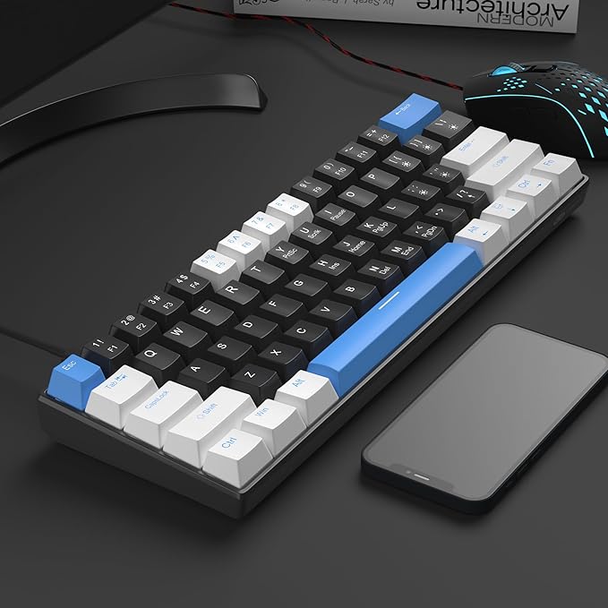 Camiysn 60% Mechanical Gaming Keyboard,White Black Blue Keycaps Gaming Keyboard with Linear Red Switch, Detachable Type-C Cable Mini Keyboard with Blue LED Light for Windows/Mac/PC/Laptop
