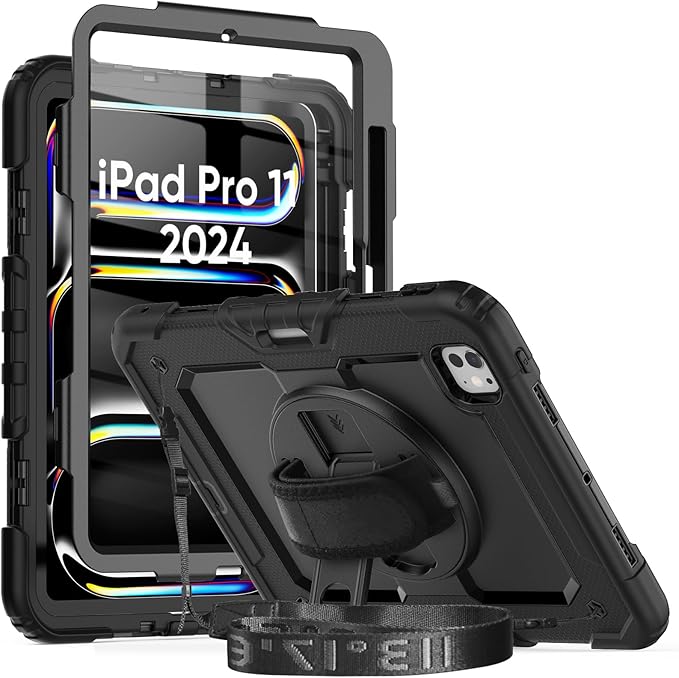 iPad Pro 11 Inch Case 2024 with Screen Protector Pen Holder | iPad Pro 11 5th Generation Case | Three Layer Shockproof Defender Protective Cover W/Stand Hand Strap for iPad A2836/A2837 | Black