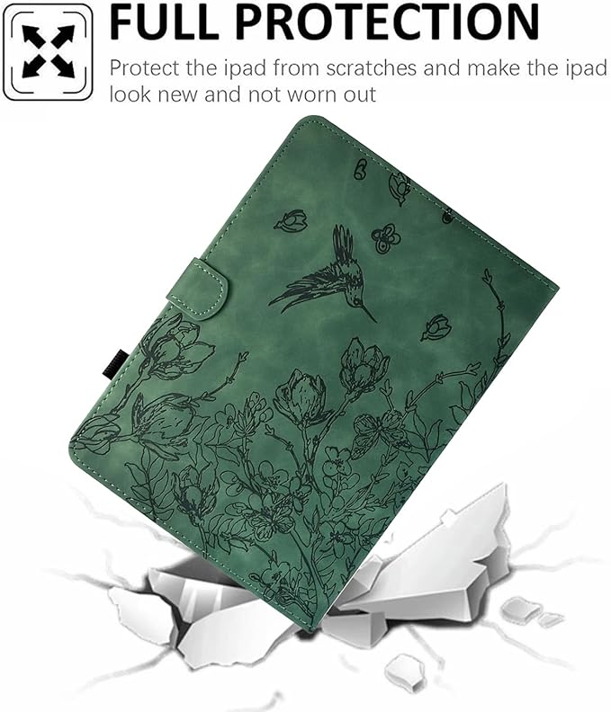 for iPad 9.7 Inch Case iPad 6th/5th Generation Case 2018 2017, Embossed Suede Leather Folio Stand Cover for iPad 9.7 inch/Pro 9.7/Air 2/Air 1, Auto Sleep/Wake, Green Bird Flower Embossing