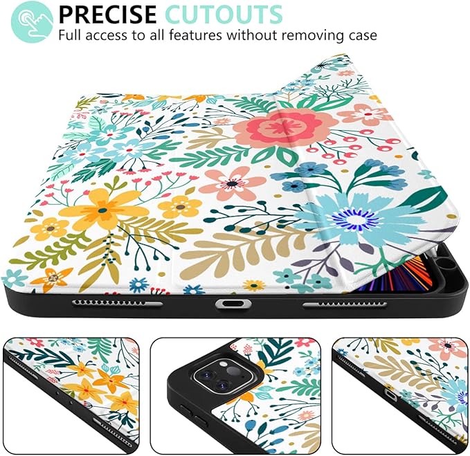 DONGKE Case for iPad Pro 12.9 inch 6th Generation 2022, Built-in Pencil Holder + Trifold Stand + Auto Wake/Sleep + Protective Cover for iPad Pro 12.9 5th/4th/3rd Gen - Flower
