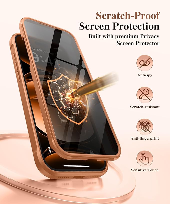 BERFY for iPhone 17 Pro Max Case, Compatible with MagSafe, Built in Privacy Screen Protector, Shockproof Full Body Phone Case for 17 Pro Max with Magnetic Stand, Clear Orange