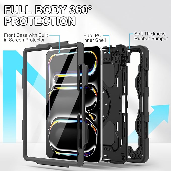 iPad Pro 11 Inch Case M5 2025/M4 2024, Heavy Duty Shockproof Protective Case with Screen Protector, 360° Rotating Stand Hand Strap Shoulder Strap Kids Cover Apple Pencil Holder