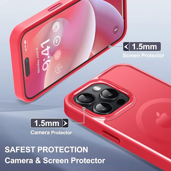 Newfuture Magnetic for iPhone 15 Pro Case [Compatible with Magsafe] [Military Grade Drop Protection] Translucent Matte Anti-Fingerprint Shockproof Phone Case for iPhone 15 Pro 6.1 inch, Red