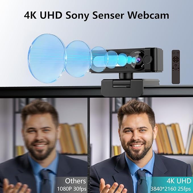 4K Webcam with Dual AI Noise-Cancelling Mics Autofocus, Auto Light Correction,120° FOV,Privacy Cover,Plug and Play Computer Camera for Microsoft Teams/Zoom/Google Voice/Skype/Facetime/YouTube,Black