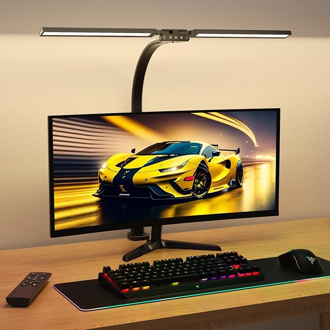 SIBRILLE Upgraded Desk Lamp for Home Office - Dimmable Computer Desk Light with Remote, Modern Architect Task Lamp with Color Changing, Flexible Desktop Lamp with Gooseneck for Monitor, Double Head