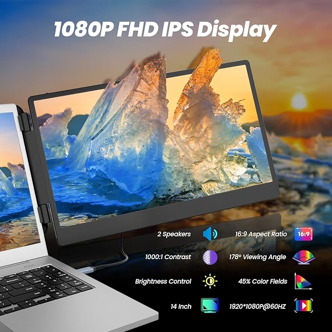 domyfan 14" Laptop Screen Extender, FHD 1080P IPS Triple Portable Monitor for Laptop, HDMI/USB-A/Type-C for Windows, Mac, Android, Chrome, Switch & PS5, Work with 13.3”-17” Laptops