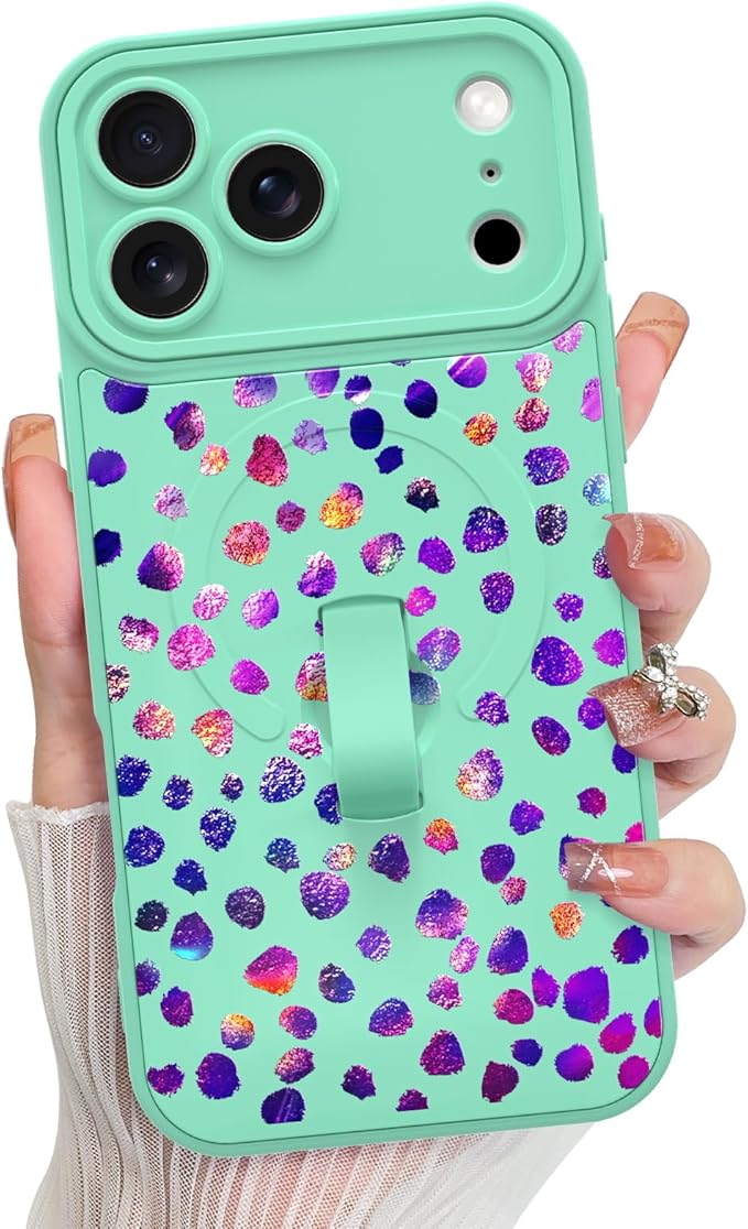 KANGHAR Compatible with iPhone 17 Pro Max Case, Support for MagSafe, Silicone Cute Iridescent Pattern Leopard Print Cheetah, Wristband Kickstand Shockproof Soft Slim Cover for Girls Women, Green