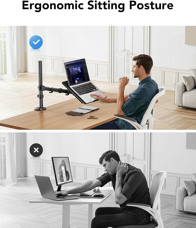 HUANUO Laptop Desk Mount - 17' to 32' Monitor Arm, Ventilated Tray, Fully Adjustable with Tilt, Swivel & Rotation, Holds up to 22 lbs