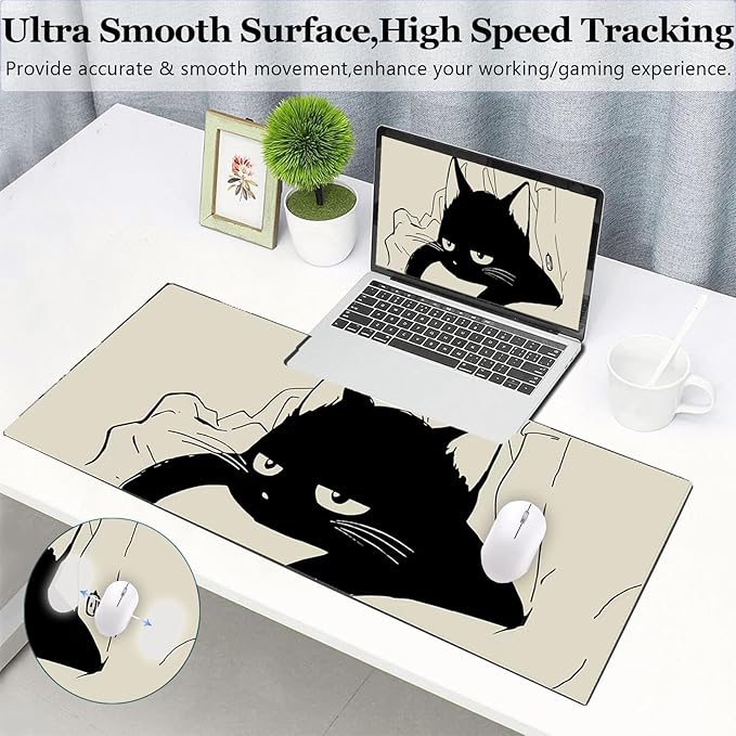 Gaming Mouse Pad XL Extended Anime Mouse Pad 31.5x11.8 inch, Large Cute Kawaii Big Computer Mouse Mat Desk Pad with Non-Slip Rubber Base and Stitched Edge for Home Office-Black Cat