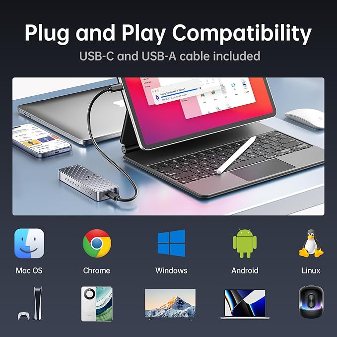 SSK NVMe SSD Enclosure, 20Gbps PCIE M.2 Enclosure SSD Case, NVMe to USB C 3.2GEN2X2 Adapter 2280/2260/2242/2230 Reader M-Key/B+M Key with LED Indicator Aluminum Alloy