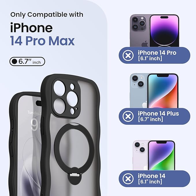 CAPRARO for iPhone 14 Pro Max Case with 360° Spin Magnetic Stand for Women, [Compatible with MagSafe] [Full Camera Protection] Cute Wave Translucent Matte Case for iPhone 14 Pro Max, Black