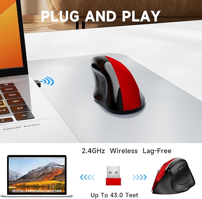 memzuoix Ergonomic Wireless Mouse, 2.4G Optical Cordless, 800/1200/1600 DPI, Vertical Computer Mouse for Laptop, Mac, PC, Desktop (Right Hand, Large) - Red