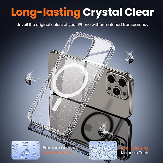 toushion 3 in 1 for iPhone 15 Pro Case Clear with MagSafe, Not Yellowing, Screen Protector*1 Camera Lens Protector*1, Military-Grade Protection for iPhone 15 Pro Phone Case 6.1 inch Clear Glitter