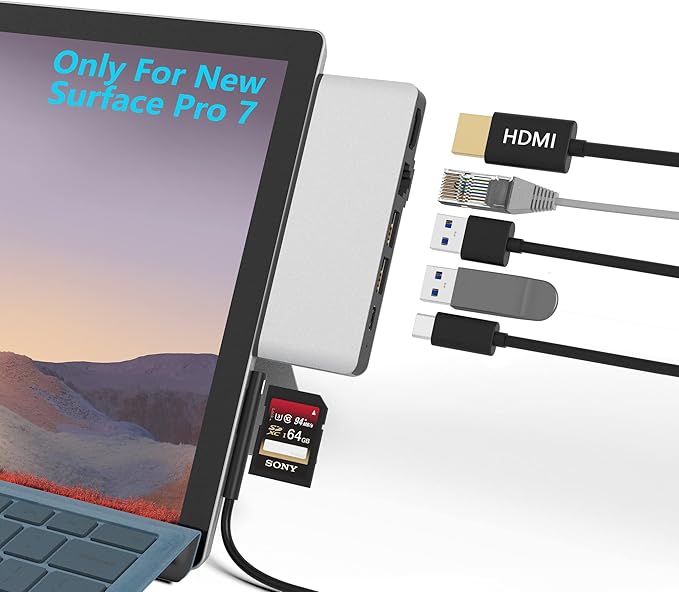 Surface Pro 7 Hub Docking Station with 4K HDMI Adapter+100M Ethernet LAN+ USB C Audio & Data Transfer Port + USB Port* 2+SD Card Reader Converter Combo Adaptor for Surface Pro 7