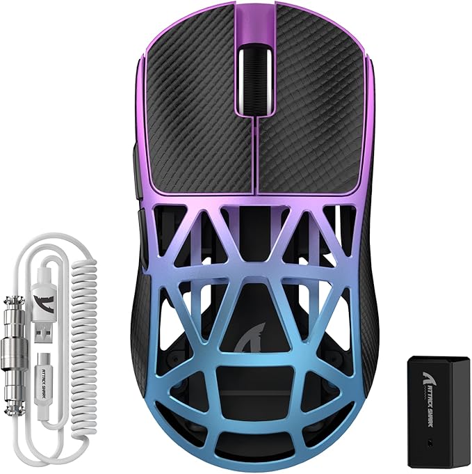 ATTACK SHARK R2PRO 45g Superlight Magnesium Alloy Mouse, PixArt PAW3950 Sensor, 42000DPI, 8000Hz Wireless Polling Rate, 2.4G/BT/Wired Gaming Mouse, Programmable Mice with Coiled Cable, PC/Mac, Purple